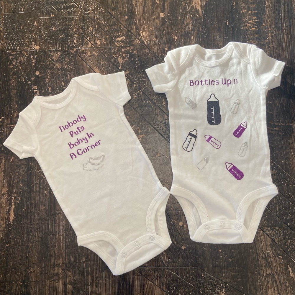 BABY ONESIE SET Sparkled w/purple black and silver vinyl lettering/decals siz 3M
